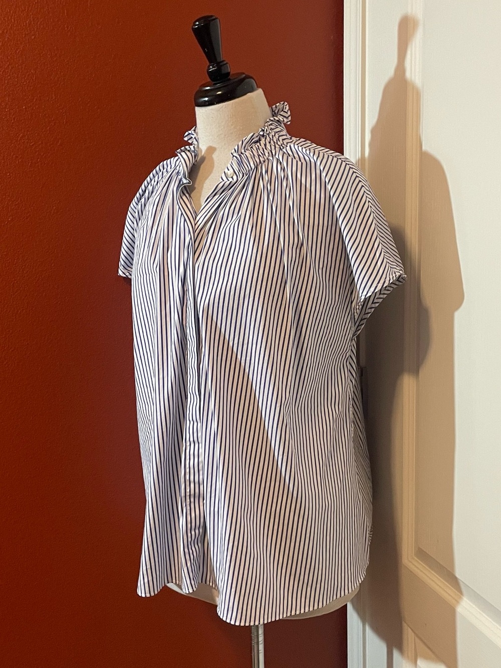 Pomander Place Women’s Rae Blue Stripe Ruffle Collar Cap Sleeve Blouse Top